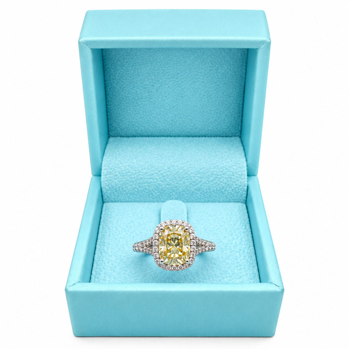 Cushion Cut Yellow Moissanite Halo Engagement Ring, 14k White Gold Elongated Cushion Cut Moissanite Wedding Ring, Moissanite Halo Ring #7133