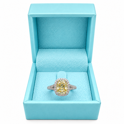 Cushion Cut Yellow Moissanite Halo Engagement Ring, 14k White Gold Elongated Cushion Cut Moissanite Wedding Ring, Moissanite Halo Ring #7133