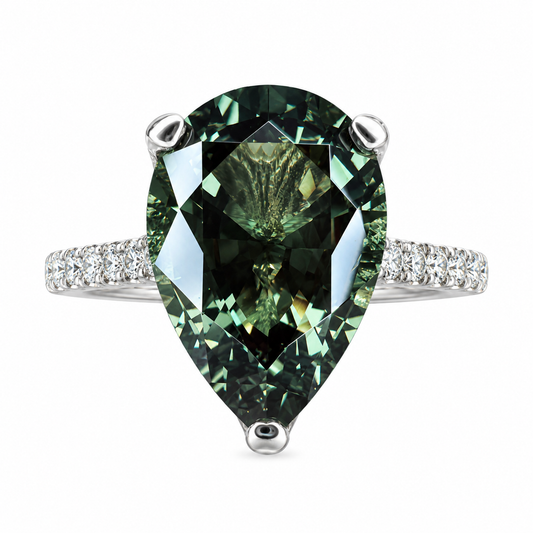 Pear shape olive green sapphire engagement ring 14k white or yellow gold, Unique olive green sapphire wedding anniversary promise ring #7548
