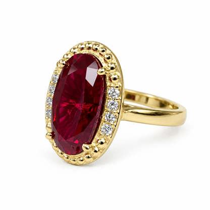 Elongated Oval Ladies Ring / Red Ruby Engagement Ring / Diamond And Ruby Wedding Ring / Anniversary Gift / 14k Yellow Gold / #6220