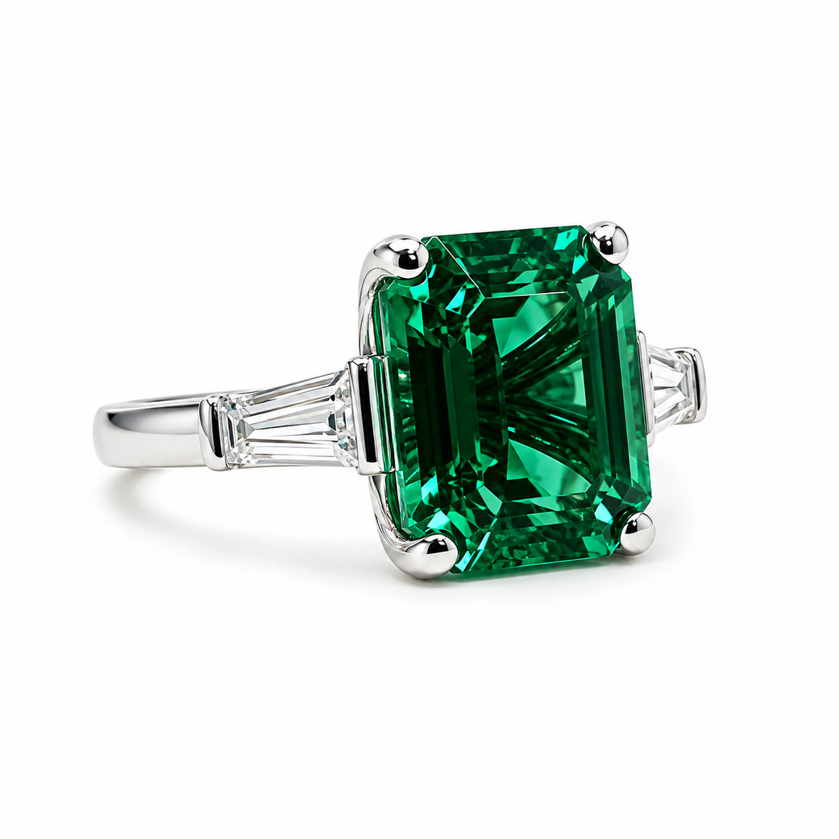 Emerald Cut Emerald Engagement Ring Moissanite Baguettes 14K White Gold  Emerald Green Emerald Cut Engagement Rings Unique Wedding Ring 7363
