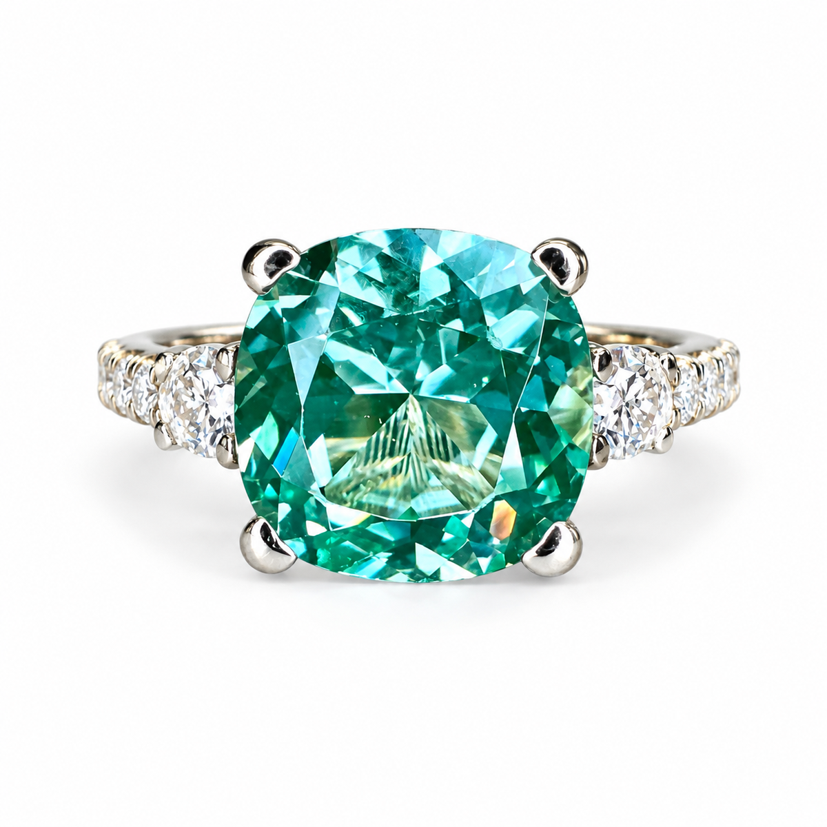Cushion Cut Green Paraiba With Moissanite Engagement Ring 14K Yellow Gold, Cushion Shaped Vintage Style Green Paraiba Engagement Ring, #7488