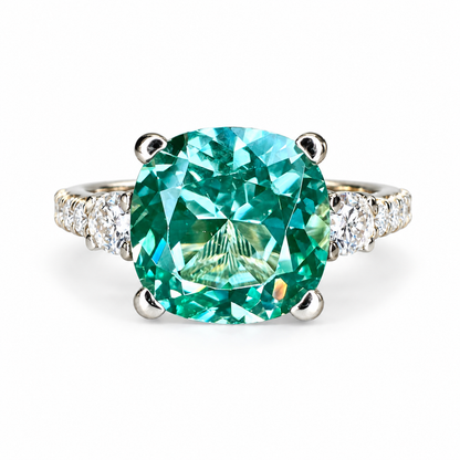 Cushion Cut Green Paraiba With Moissanite Engagement Ring 14K Yellow Gold, Cushion Shaped Vintage Style Green Paraiba Engagement Ring, #7488