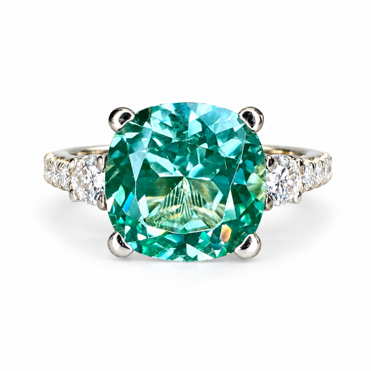 Cushion Cut Green Paraiba With Moissanite Engagement Ring 14K Yellow Gold, Cushion Shaped Vintage Style Green Paraiba Engagement Ring, #7488