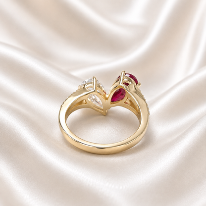 Toi Et Moi Ring Pear Ruby and Moissanite Pear Shape Ring Yellow Gold Engagement Ring Unique Two Stone Vintage Promise Anniversary Ring #7483