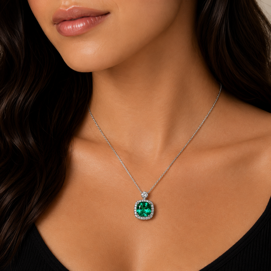 Cushion Cut Necklace / Green Emerald Necklace / Emerald And Diamond Necklace / 18"Cable Chain / 14k White gold / #6299
