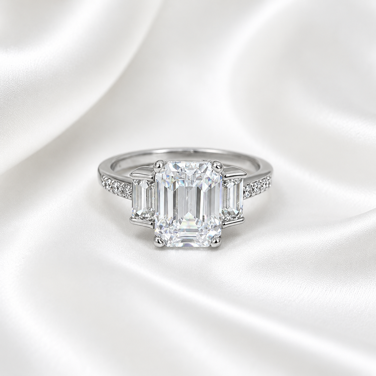 3 ctw Emerald Cut Moissanite Engagement Ring, 14k White Gold #6153
