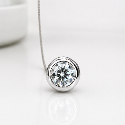 Moissanite Bezel Set Necklace, Moissanite Ladies Necklace,  Round Moissanite Pendant,  Round Bezel Pendant, 14K White Gold #6747 #6748