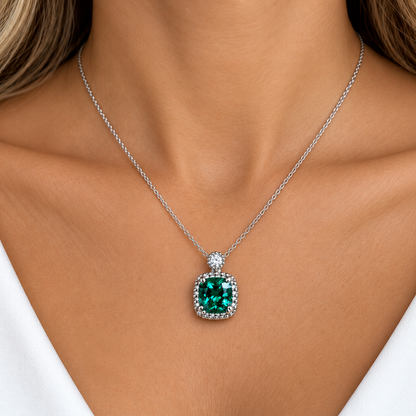 Cushion Cut Necklace / Green Emerald Necklace / Emerald And Diamond Necklace / 18"Cable Chain / 14k White gold / #6299
