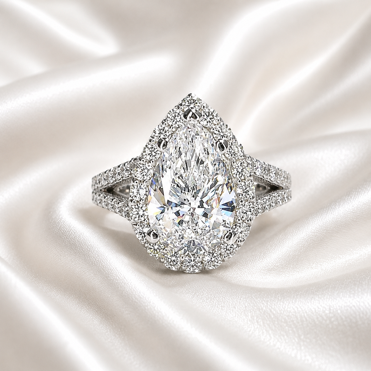 Lab created diamond engagement ring 14k solid gold, Pear shaped lab grown diamond ring, Lab grown diamond hidden halo engagement ring