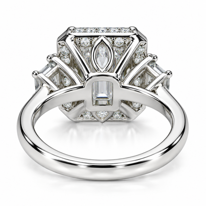 Emerald Cut Moissanite Engagement Ring, Moissanite Halo Wedding Ring For Her, Ladies 14k White Gold Trapezoid Moissanite Cluster Ring  #7108