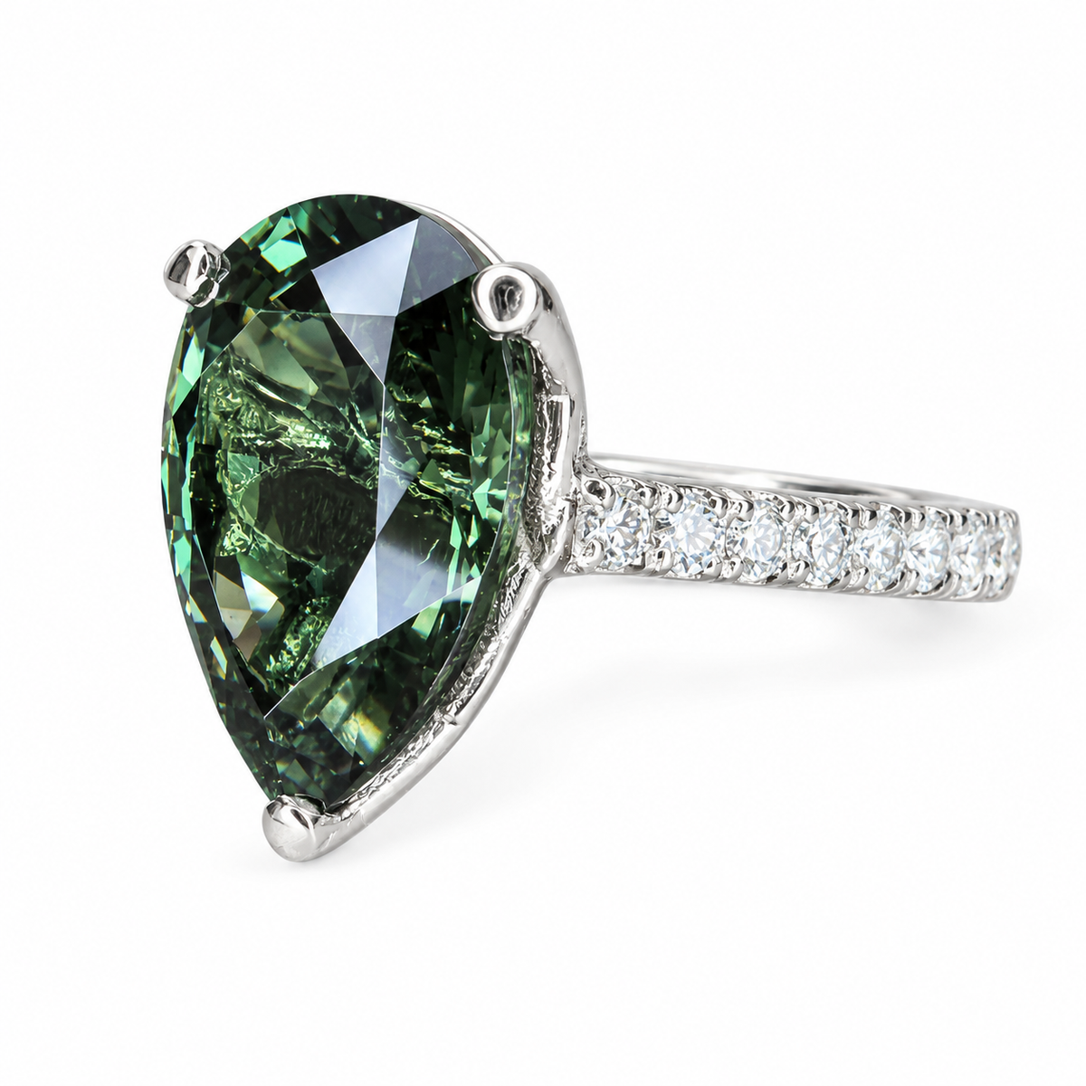 Pear shape olive green sapphire engagement ring 14k white or yellow gold, Unique olive green sapphire wedding anniversary promise ring #7548