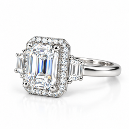 Emerald Cut Moissanite Engagement Ring, Moissanite Halo Wedding Ring For Her, Ladies 14k White Gold Trapezoid Moissanite Cluster Ring  #7108