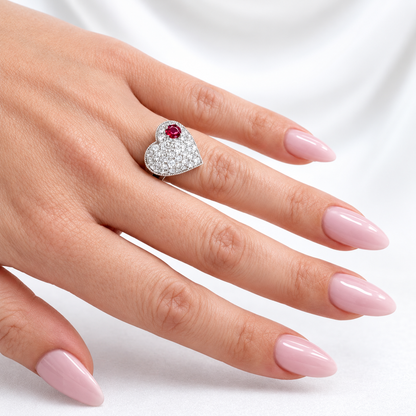 Lab Grown Diamond Heart Ring with Birthstone, Gemstone Accent Heart Ring, Diamond Heart Promise Ring, Romantic Gift for Her #8882