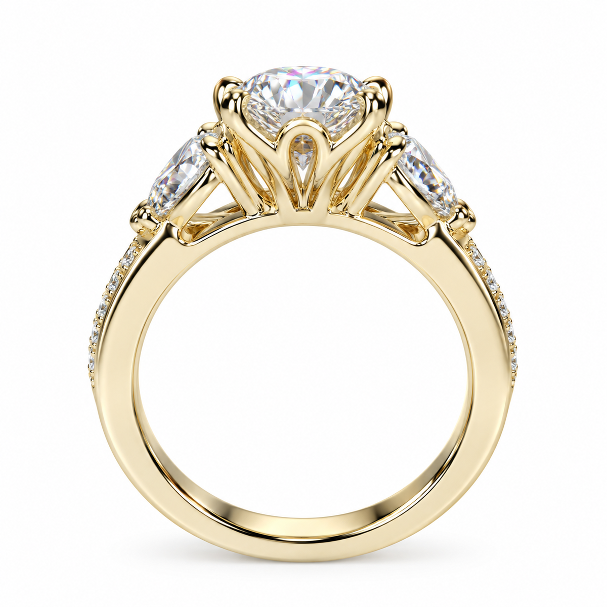 Oval Moissanite Engagement Ring, 14k Yellow Gold Moissanite Cluster Ring, Trillion Cut Accent Stones And Round Moissanite Ring For Her 7074