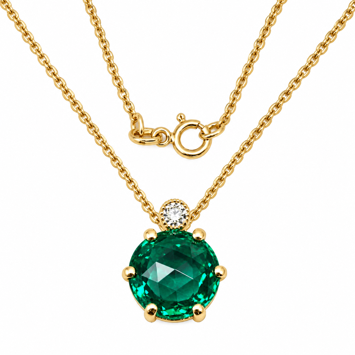 Round Emerald and Diamond Pendant Necklace 14k Solid Gold, Dainty Layering Minimalist Emerald Green Stacking Pendant Necklace May Birthstone