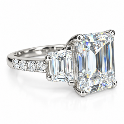 Emerald Cut Moissanite Engagement Ring, Emerald Cut With Trapezoids Moissanite Wedding Ring, 14k White Gold Moissanite Cluster Ring    #7102