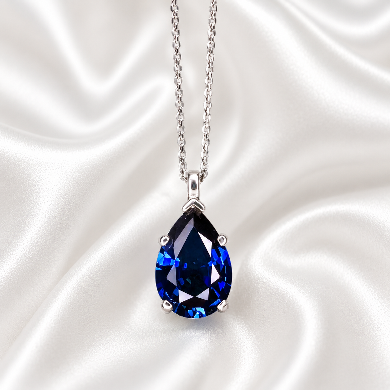 Blue Sapphire Necklace 10K White Gold, Pear Shape Blue Sapphire Pendant Necklace For Ladies, Layering September Birthstone Jewelry, #8847