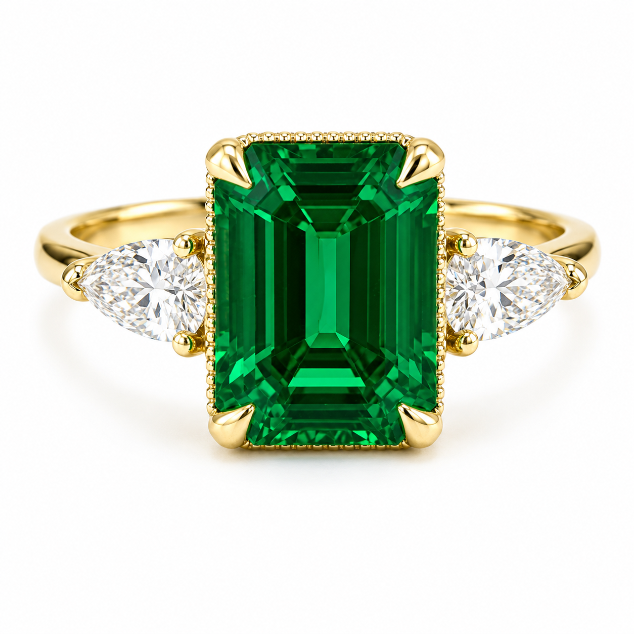 Emerald Cut Emerald Engagement Ring with Pear Shape Lab Grown Diamonds 14K Solid Gold , May Birthstone Ring , Trendy Ring #8857