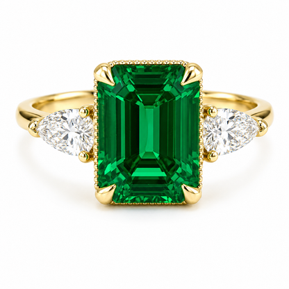 Emerald Cut Emerald Engagement Ring with Pear Shape Lab Grown Diamonds 14K Solid Gold , May Birthstone Ring , Trendy Ring #8857