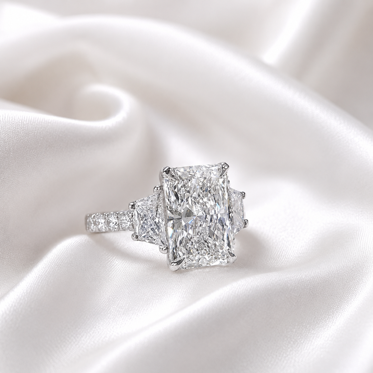Lab Grown Diamond Engagement Ring 14K Solid Gold, Radiant Cut Three Stone Lab Diamond Wedding Ring, IGI Certified Diamond Ring for Her #8698