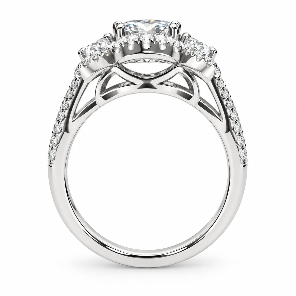 Three Stone Round Halo Diamond Engagement Ring White Gold Vintage Style Round Engagement Ring Halo Setting Past Present Future Rings  #4059