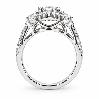 Three Stone Round Halo Diamond Engagement Ring White Gold Vintage Style Round Engagement Ring Halo Setting Past Present Future Rings  #4059