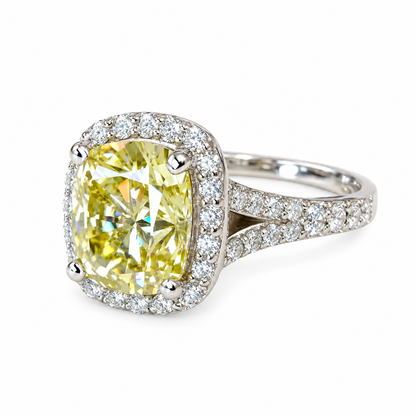 Cushion Cut Yellow Moissanite Halo Engagement Ring, 14k White Gold Elongated Cushion Cut Moissanite Wedding Ring, Moissanite Halo Ring #7133