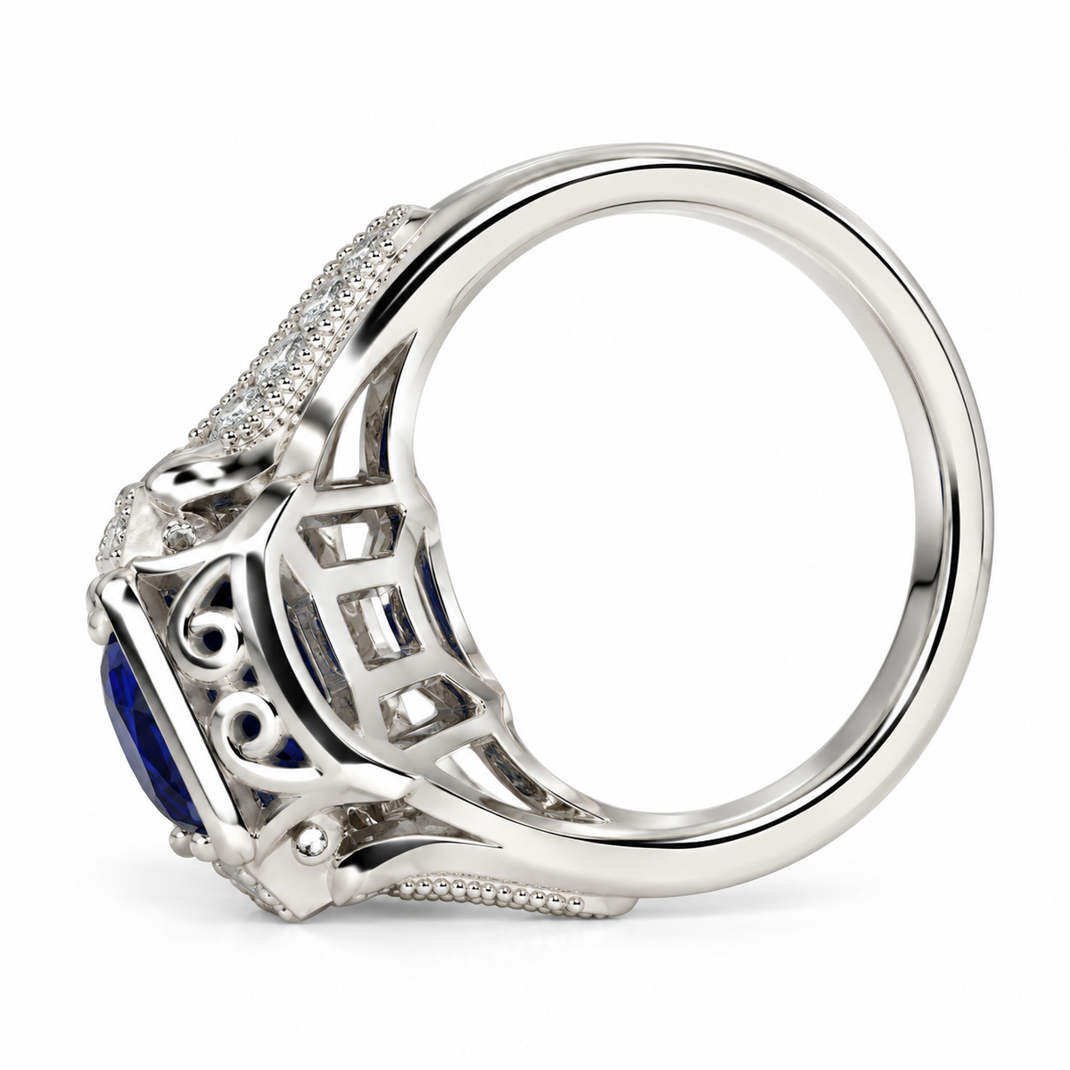 Cushion Cut Blue Sapphire Engagement Ring Women 14K White Gold, Vintage Unique Moissanite Engagement Rings, Edwardian Moissanite Ring  #7182