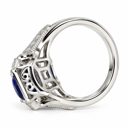 Cushion Cut Blue Sapphire Engagement Ring Women 14K White Gold, Vintage Unique Moissanite Engagement Rings, Edwardian Moissanite Ring  #7182