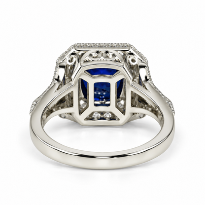 Cushion Cut Blue Sapphire Engagement Ring Women 14K White Gold, Vintage Unique Moissanite Engagement Rings, Edwardian Moissanite Ring  #7182