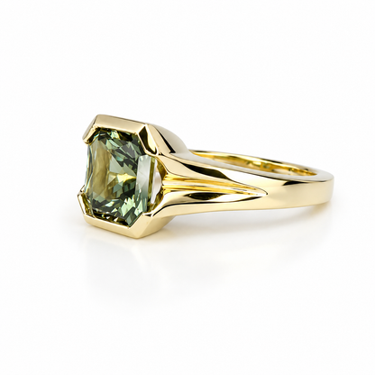 Bezel Set olive green sapphire engagement ring 14k solid gold | Half bezel green sapphire solitaire wedding ring | Promise ring