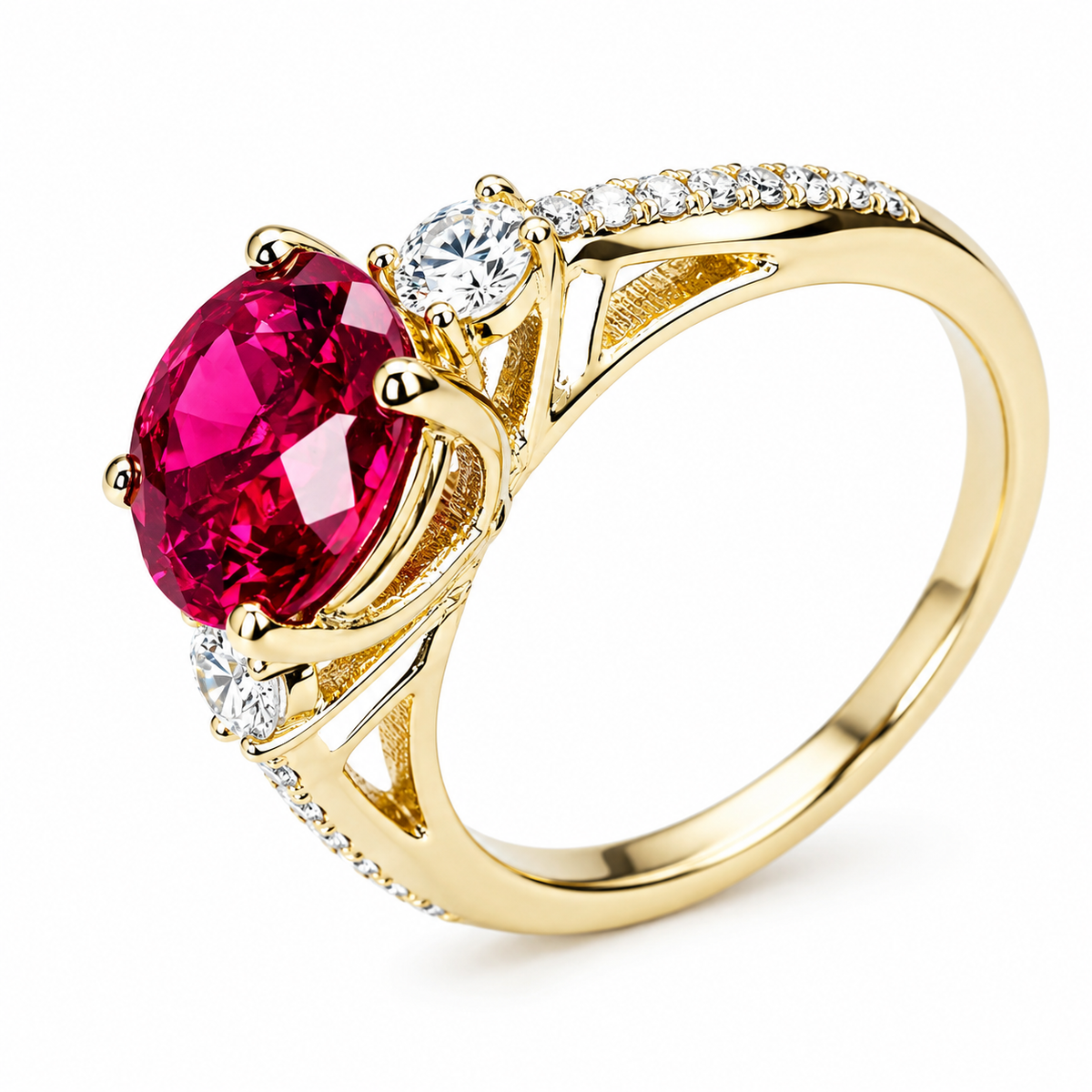 Oval Ruby With Moissanite Engagement Ring 14K Yellow Gold Vintage Three Stone Cushion Shaped Ruby Engagement Ring, July Birthstone Ring 7575