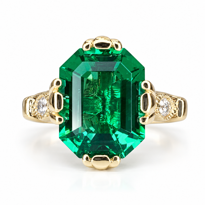 Emerald cut emerald with natural diamonds vintage style engagement ring, 3.50ctw, 14k yellow gold #5995