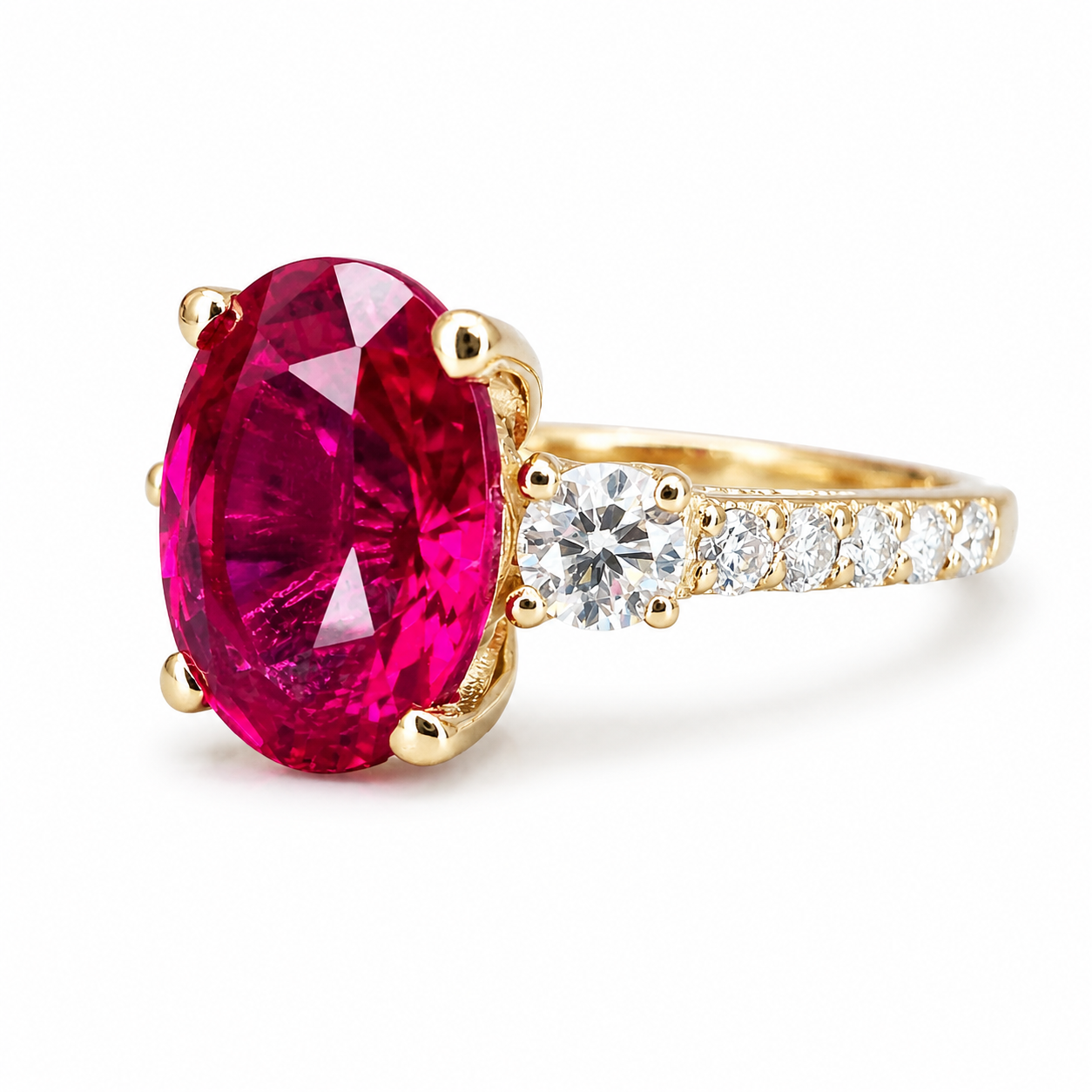 Oval Ruby With Moissanite Engagement Ring 14K Yellow Gold Vintage Three Stone Cushion Shaped Ruby Engagement Ring, July Birthstone Ring 7575