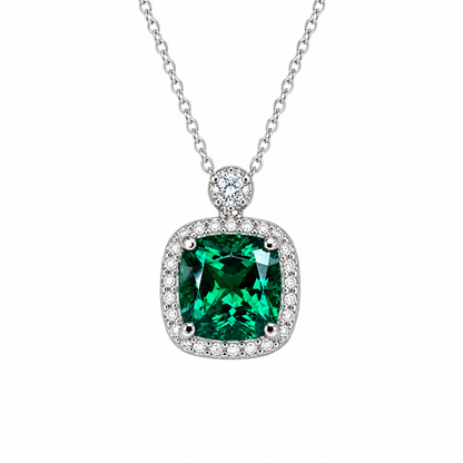 Cushion Cut Necklace / Green Emerald Necklace / Emerald And Diamond Necklace / 18"Cable Chain / 14k White gold / #6299