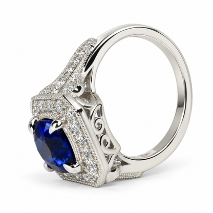 Cushion Cut Blue Sapphire Engagement Ring Women 14K White Gold, Vintage Unique Moissanite Engagement Rings, Edwardian Moissanite Ring  #7182