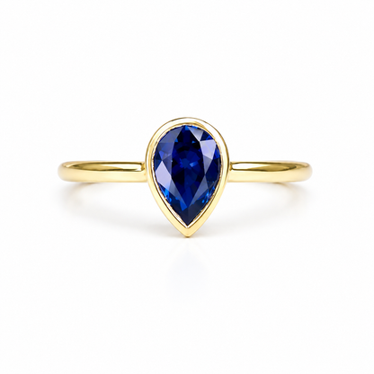 1.50 Ctw Pear Shape Bezel Olive Green Sapphire Engagement Ring in 14k Solid Gold , Modern Birthstone Ring , Dainty Pear Shape Ring #8858
