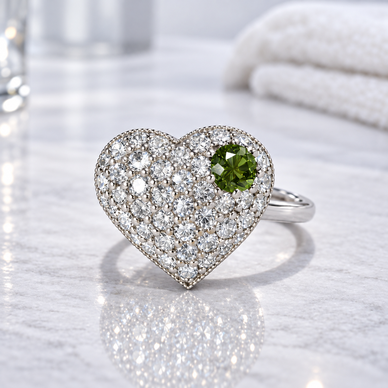 Lab Grown Diamond Heart Ring with Birthstone, Gemstone Accent Heart Ring, Diamond Heart Promise Ring, Romantic Gift for Her #8882