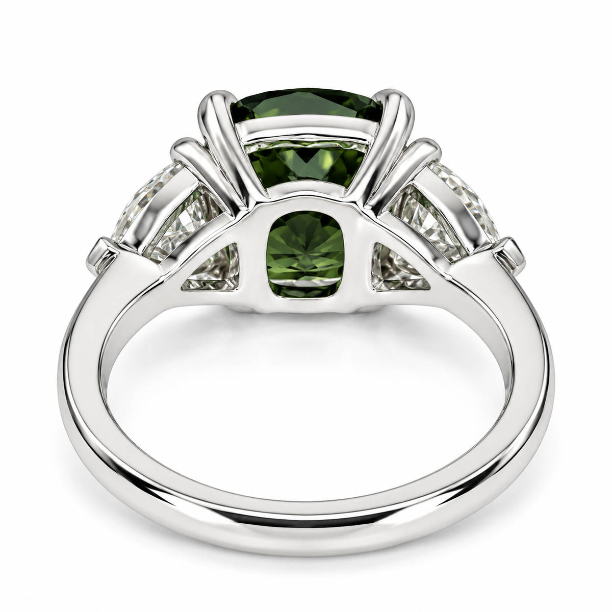 Olive Green Sapphire Engagement Ring 14K Gold , Unique Elongated Cushion Cut Olive Green Sapphire Anniversary Ring , Three Stone Ring  #7345