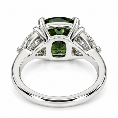 Olive Green Sapphire Engagement Ring 14K Gold , Unique Elongated Cushion Cut Olive Green Sapphire Anniversary Ring , Three Stone Ring  #7345