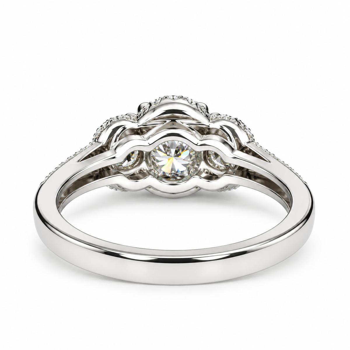 Three Stone Round Halo Diamond Engagement Ring White Gold Vintage Style Round Engagement Ring Halo Setting Past Present Future Rings  #4059