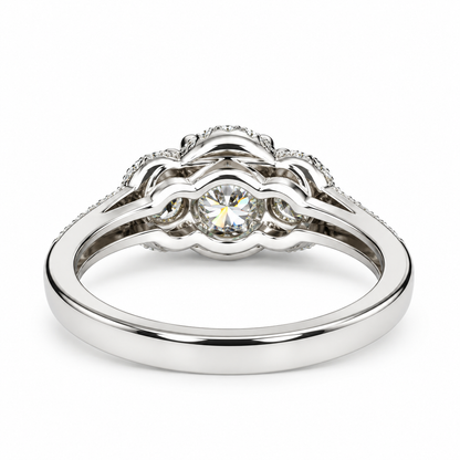 Three Stone Round Halo Diamond Engagement Ring White Gold Vintage Style Round Engagement Ring Halo Setting Past Present Future Rings  #4059
