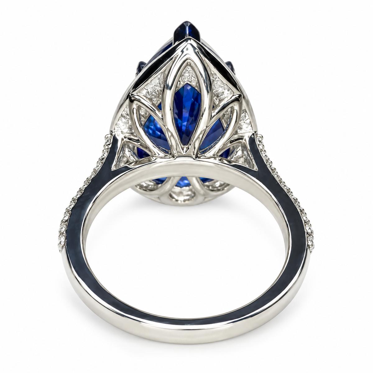 Pear Shape Blue Sapphire Engagement Ring, Blue Sapphire And Moissanite Halo Ladies Ring, 14k White Gold Sapphire And Moissanite Ring #6179