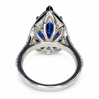 Pear Shape Blue Sapphire Engagement Ring, Blue Sapphire And Moissanite Halo Ladies Ring, 14k White Gold Sapphire And Moissanite Ring #6179