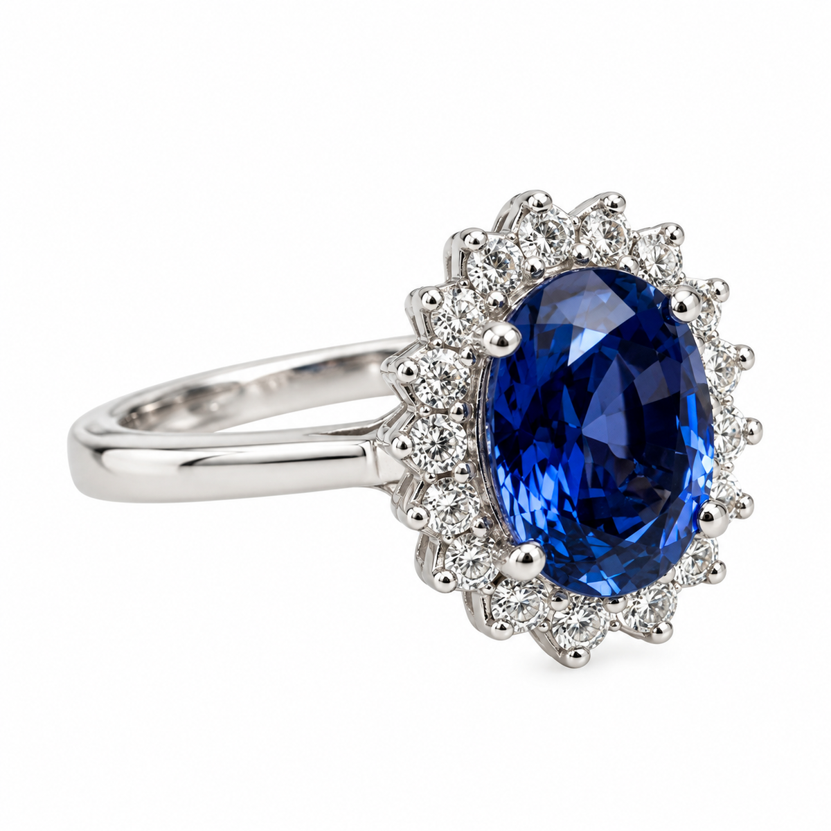 Oval Cut Blue Sapphire Engagement Ring, Diamond Halo Engagement Ring,  Moissanite Ring, 2.50ctw, 14K White Gold #6077 #6807