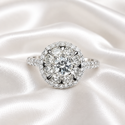 Lab grown diamond ring 14K  white gold, Round cut lab grown diamond engagement ring 14k, Lab grown diamond ring with halo Unique ring