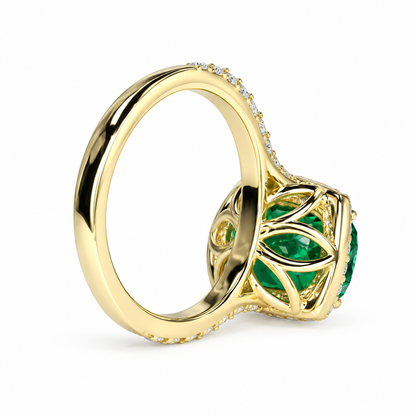 Elongated Cushion Cut Emerald Ring, Diamond Halo Engagement Ring, Green Emerald Engagement Ring, 3.90ctw, 14k Yellow Gold  #6057
