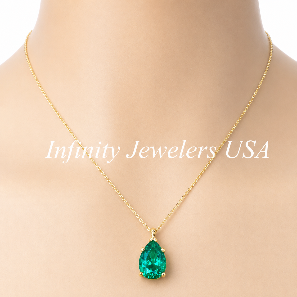 Pear Shape Emerald Pendant 10K Yellow Gold Necklace, Pear Shape Green Emerald Necklace For Ladies, Layering May Birthstone Jewelery, #8848