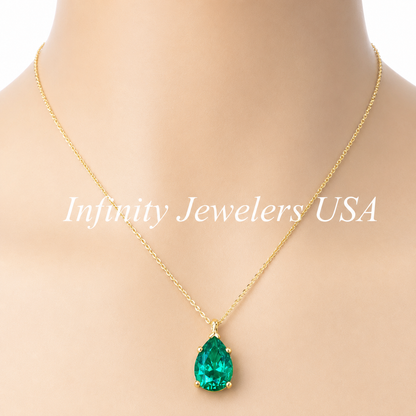 Pear Shape Emerald Pendant 10K Yellow Gold Necklace, Pear Shape Green Emerald Necklace For Ladies, Layering May Birthstone Jewelery, #8848